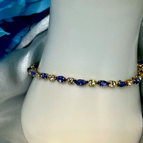 Vintage Gold Plated Tennis Bracelet – Blue & Clear Rhinestones, 7.5” - Picture 3 of 14